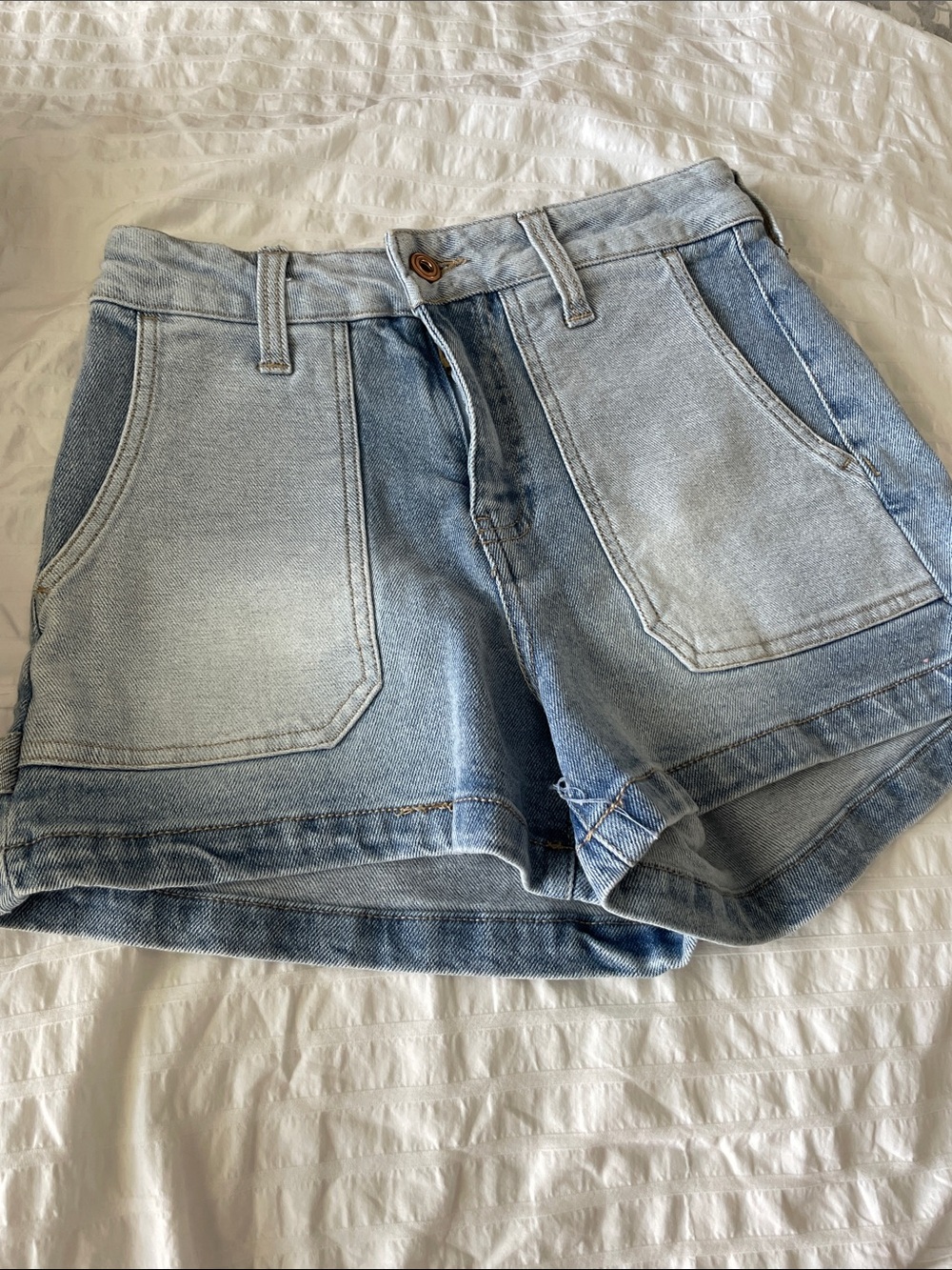 RE Generation High Rise Two-Tone Light Blue Patch Pocket Denim Shorts 1/25